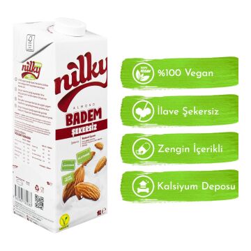 Şekersiz Badem Sütü Glütensiz Bitkisel Bazlı Laktosuz Vegan 1 lt