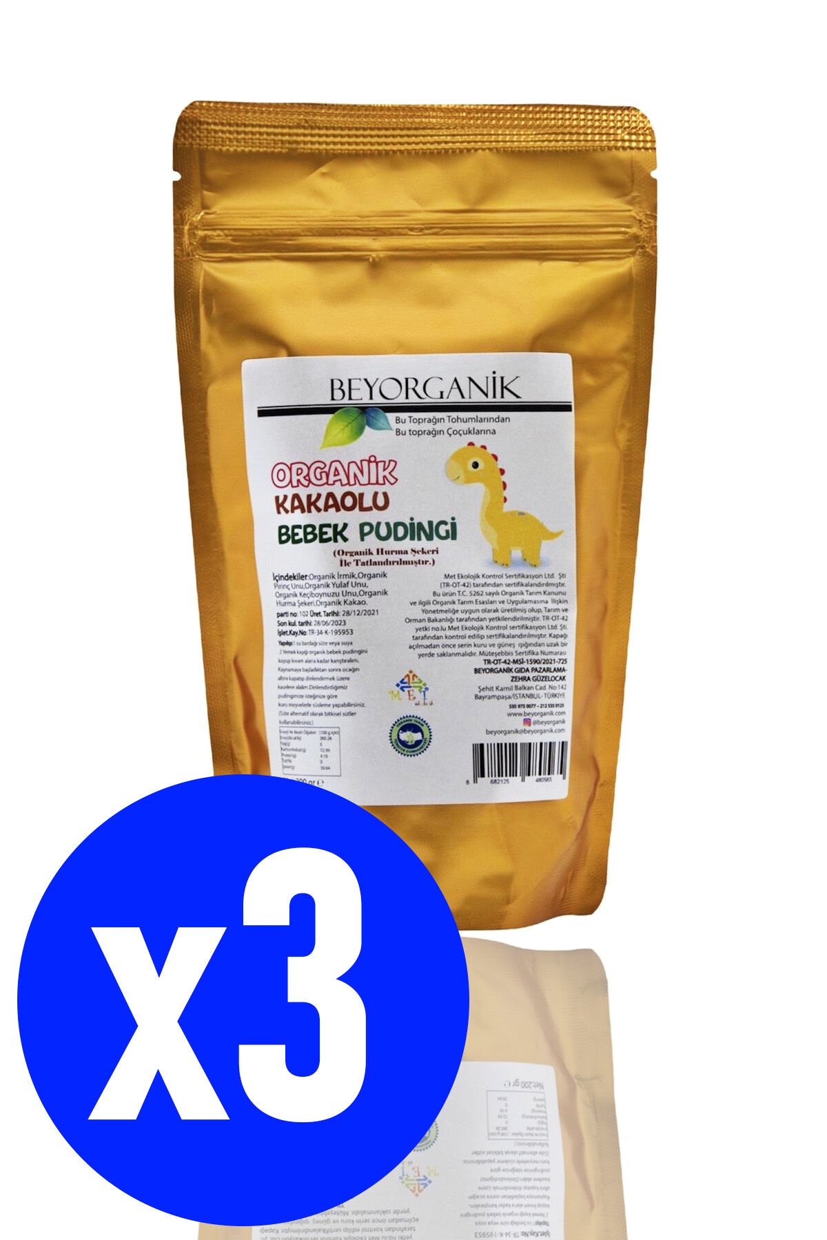 BEYORGANİK Organik Kakaolu Bebek Pudingi 3 Adet 200g (Organik Hurma Tozu İle Tatlandırılmış)